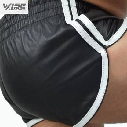 Mens Sports White Strips Real Sheepskin Black Leather Shorts