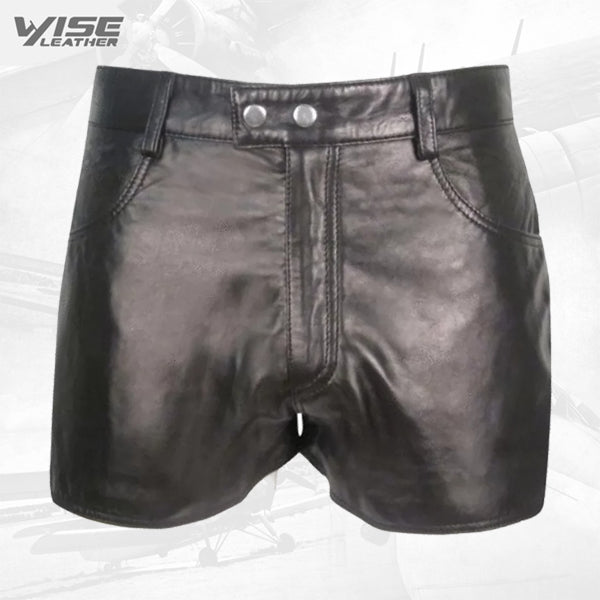 Mens Street Wear Real Sheepskin Black Leather Shorts