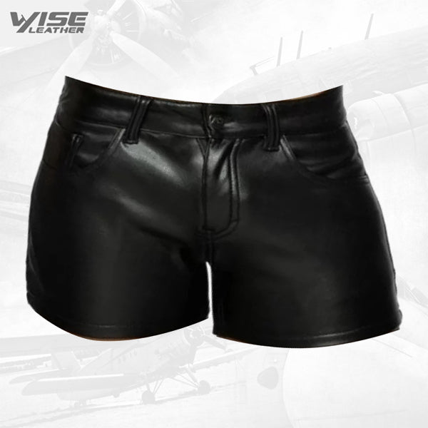 Mens Summer Special Real Sheepskin Black Leather Shorts