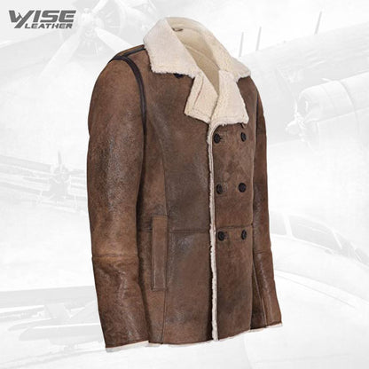 Mens Tan German Double Breasted Real Sheepskin Shearling Leather Jacket Coat
