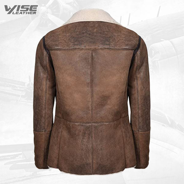 Mens Tan German Double Breasted Real Sheepskin Shearling Leather Jacket Coat