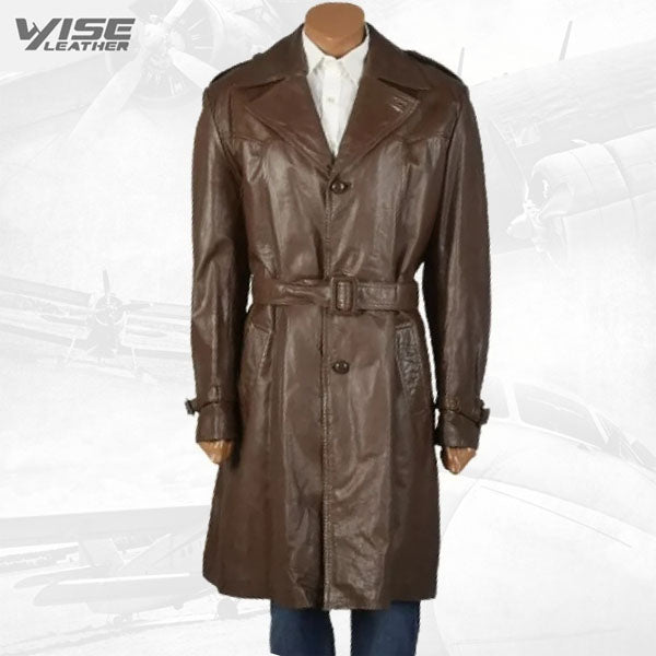 Mens Trendy Real Sheepskin Brown Long Leather Trench Coat