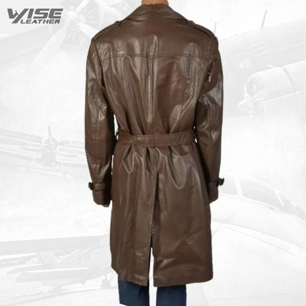 Mens Trendy Real Sheepskin Brown Long Leather Trench Coat