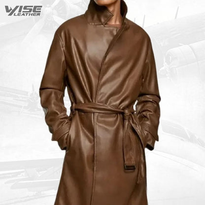 Mens Unique Design Genuine Sheepskin Brown Leather Long Trench Coat