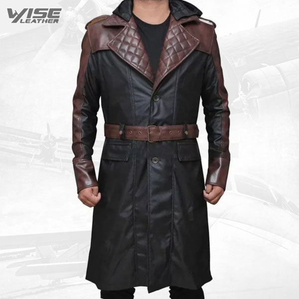 Mens Unique Style Hooded Real Sheepskin Black Long Leather Trench Coat