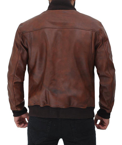 Mens Distressed Brown Bomber Leather Jacket - Wiseleather