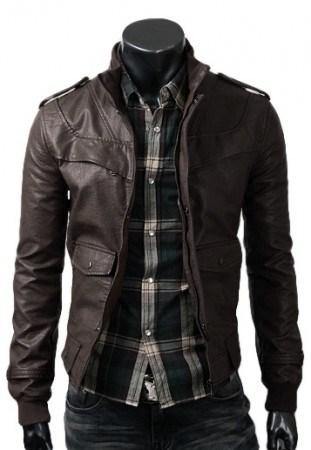 Men's Slim-Fit Dark Brown Leather Jacket with Zipping and Button Tab Closure