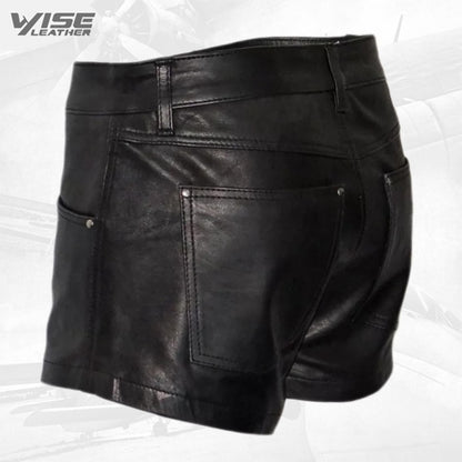 Mens street walk Real Sheepskin Black Leather Shorts