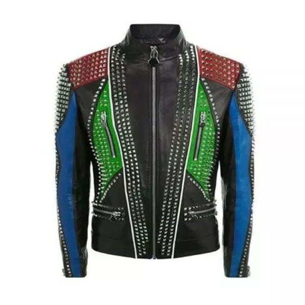 Multi Color Studded Punk Men Leather Jacket With Four Front - Wiseleather