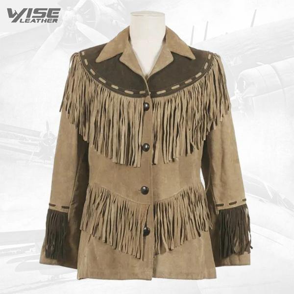 Native American Beige Buckskin Suede Leather Fringes Jacket - Wiseleather