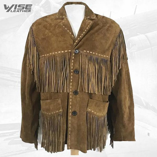 Native American Brown Buckskin Leather Fringed Jacket - Wiseleather