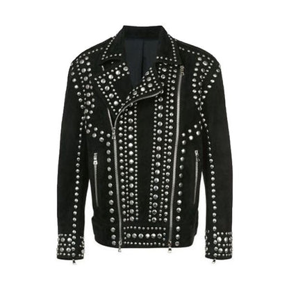 New Men’s Handmade Black Full Silver Studded Top Quality Leather Jacket - Wiseleather