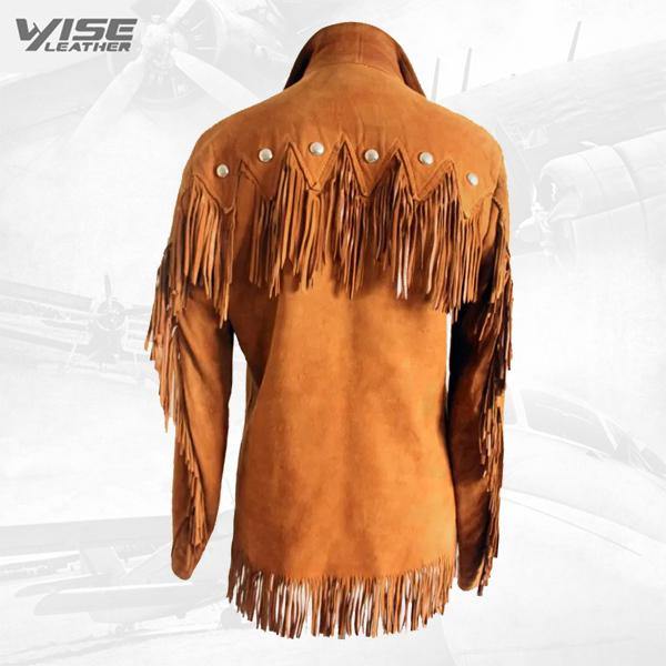 New Native American Tan Buckskin Suede Leather Fringes Jacket - Wiseleather