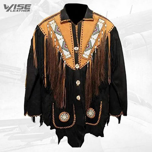 New Stylish Western Cowboy Beaded Real & Suede Leather Jacket - Wiseleather