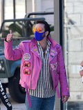 Nicolas Cage Pink Biker Leather Jacket With Patches