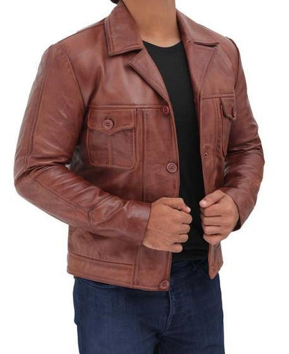 Elegant Brown Leather Jacket with Viscose Lining and Flap Pockets