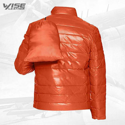 Orange Men’s Leather Packable Down Filled Puffer Jacket - Wiseleather