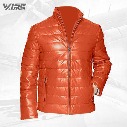 Orange Men’s Leather Packable Down Filled Puffer Jacket - Wiseleather