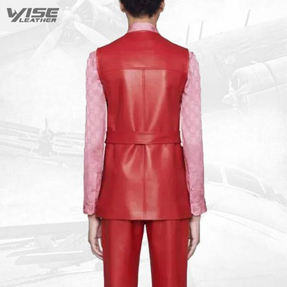 Plonge Leather Long Vest In Red - Wiseleather