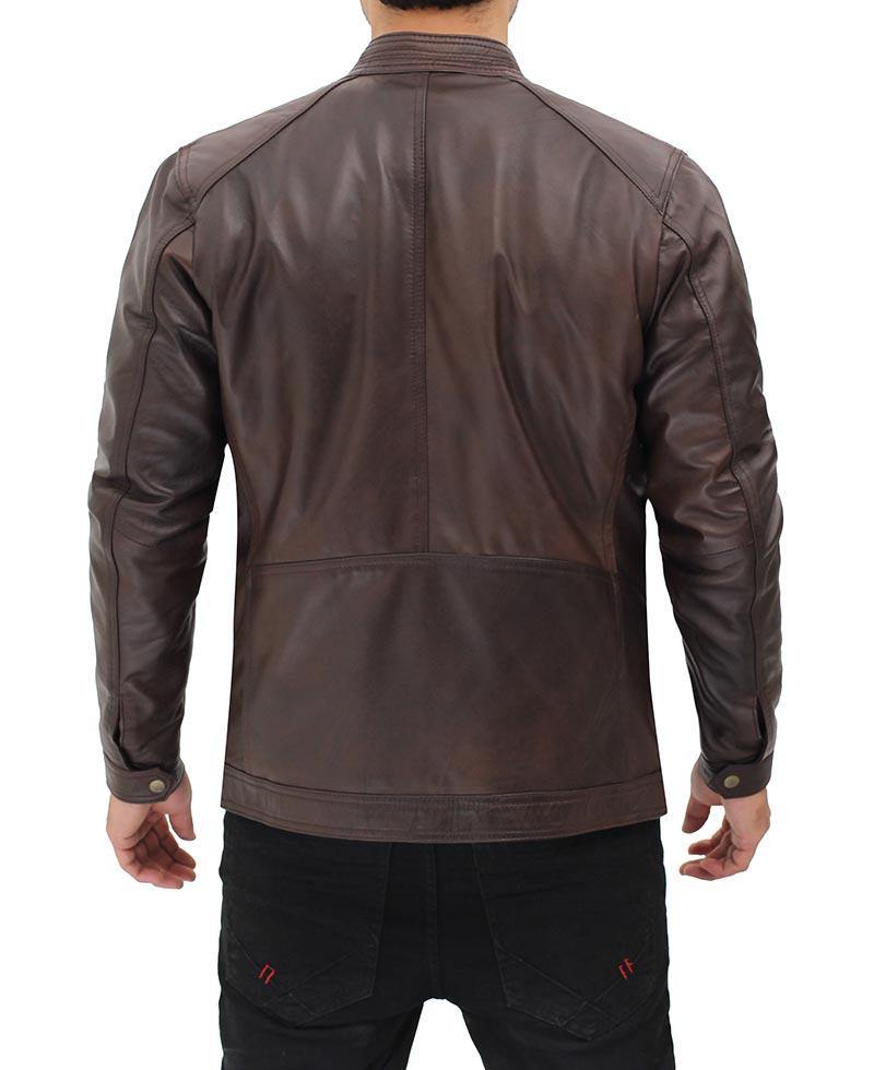 Udine Mens Waxed Dark Brown Snap Collar Leather Racer Jacket - Wiseleather