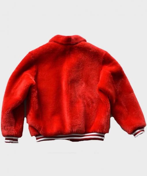 Red Fur Shearling Varsity Bomber Jacket