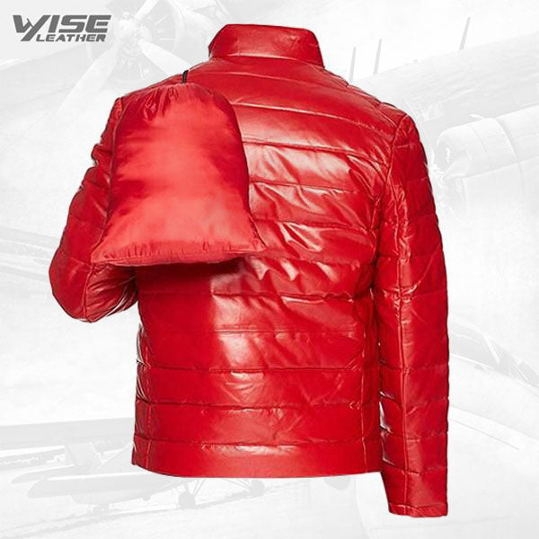 Red Men’s Leather Packable Down Filled Puffer Jacket - Wiseleather