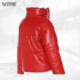 Red Real Leather Puffer Jacket Bubble Jacket - Wiseleather