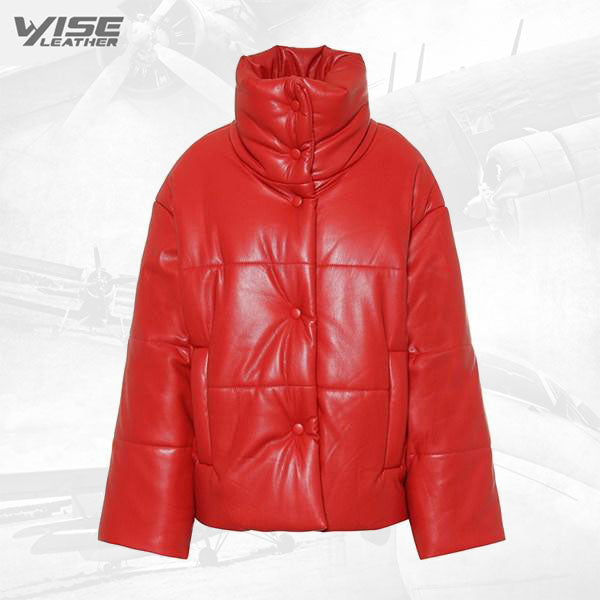 Red Real Leather Puffer Jacket Bubble Jacket - Wiseleather
