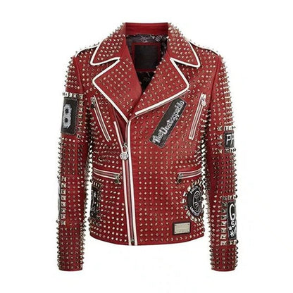 Red Studded Punk Men Leather Jacket With Embroidery Patches - Wiseleather
