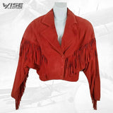 Red Suede Leather Cropped Fringe Jacket