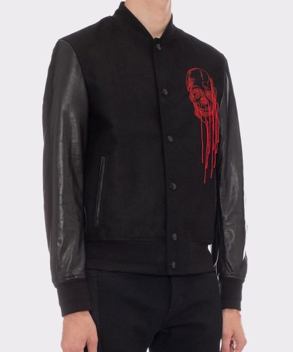SOFT LAMBSKIN AND COTTON DOESKIN EMBROIDERED VARSITY JACKET - Wiseleather