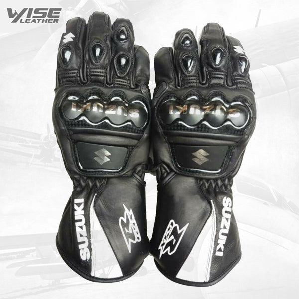 SUZUKI Motorbike Leather Racing Gloves Black White Motorcycle Riders Gloves
