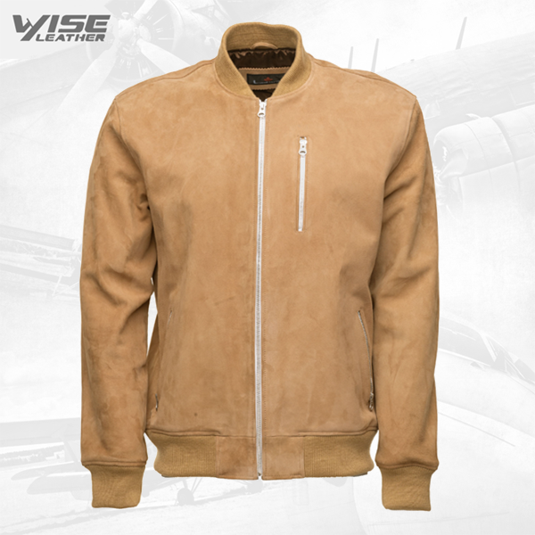 Sandy Beige Suede Bomber Leather Jacket With Ribbed Cuffs - Wiseleather
