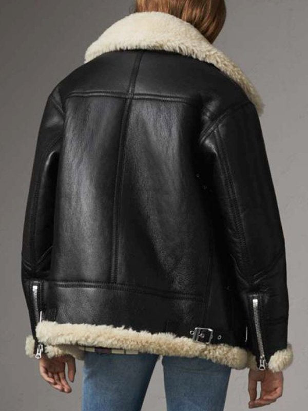 Shearling Aviator Ivory Black Leather Jacket For Womens