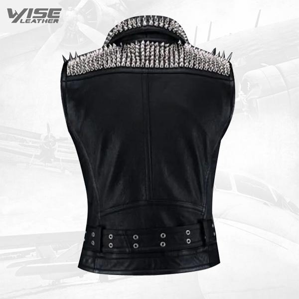 Silver Long Spiked Studded Black Leather Vest - Wiseleather