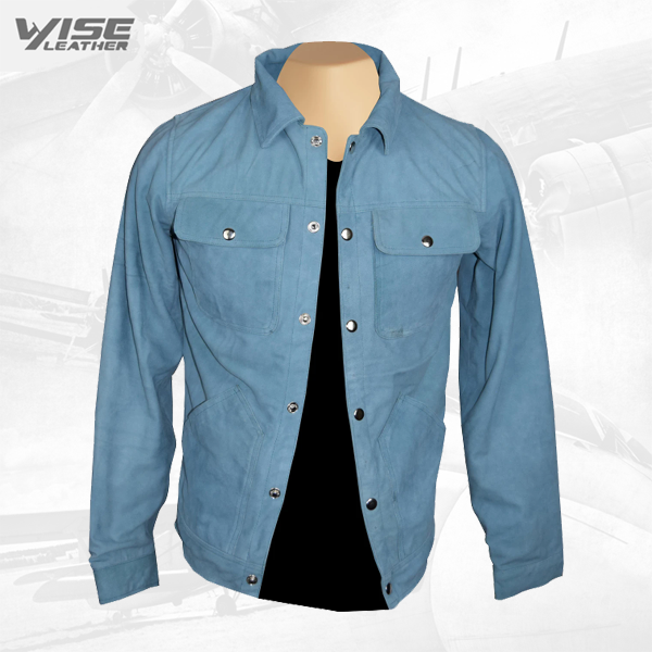 Sky Blue Suede Leather Shirt - Wiseleather