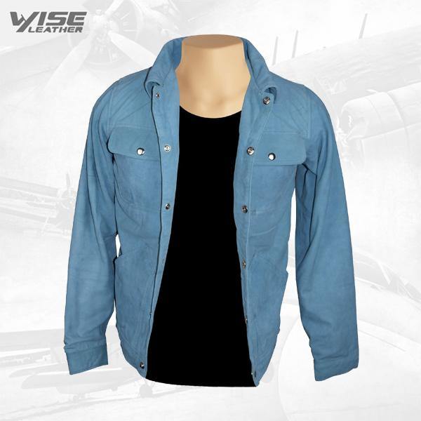 Sky Blue Suede Leather Shirt - Wiseleather