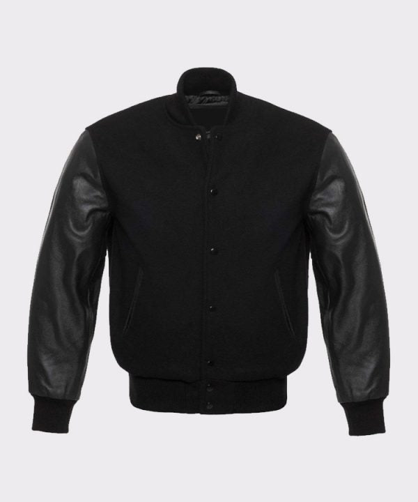 Solid Black Varsity Letterman Wool And Genuine Leather Sleeves Jacket