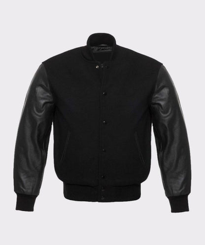 Solid Black Varsity Letterman Wool And Genuine Leather Sleeves Jacket