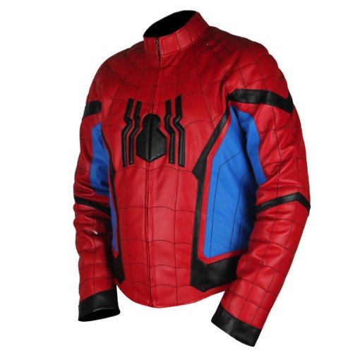 Spiderman Homecoming Red & Light Blue Genuine Leather Jacket