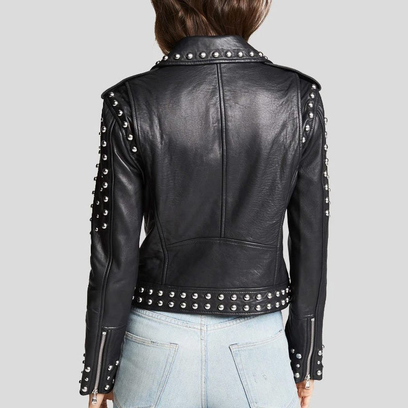 Studded Black Biker Leather Jacket For Womens