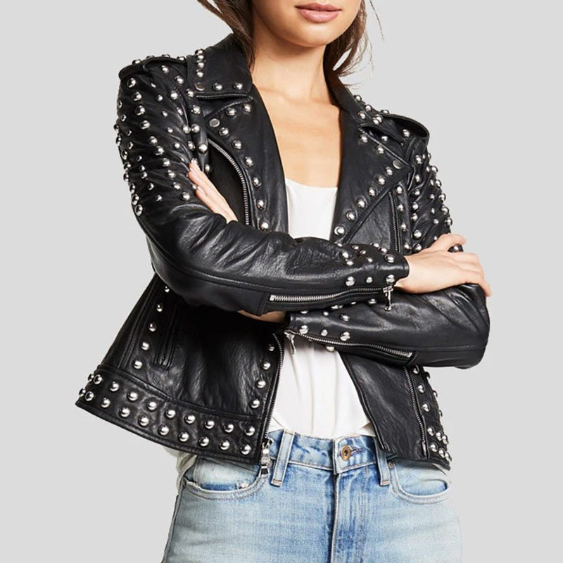 Studded Black Leather Jacket For Womens
