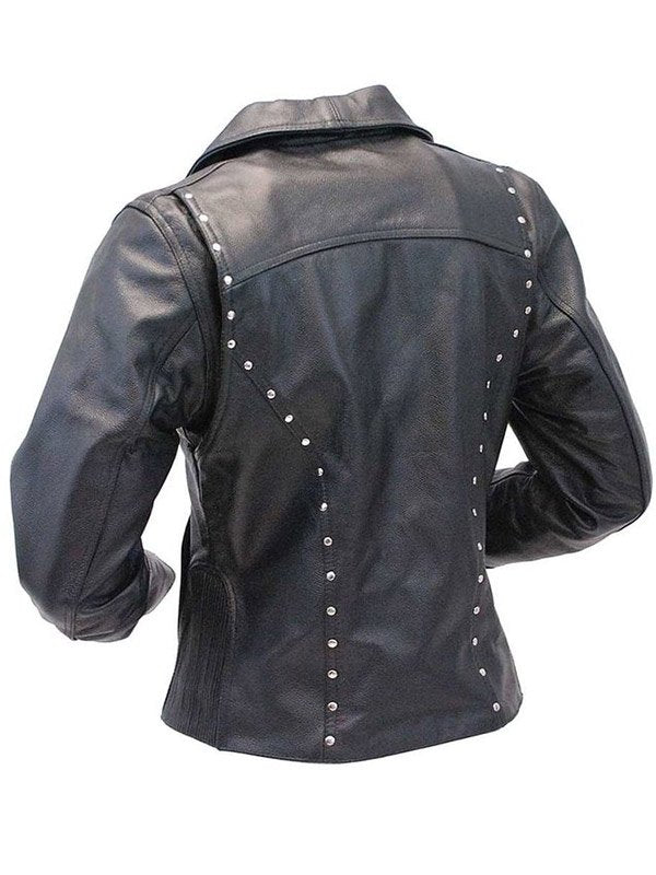 Studded Black Motorcycle Leather Jacket For Womens