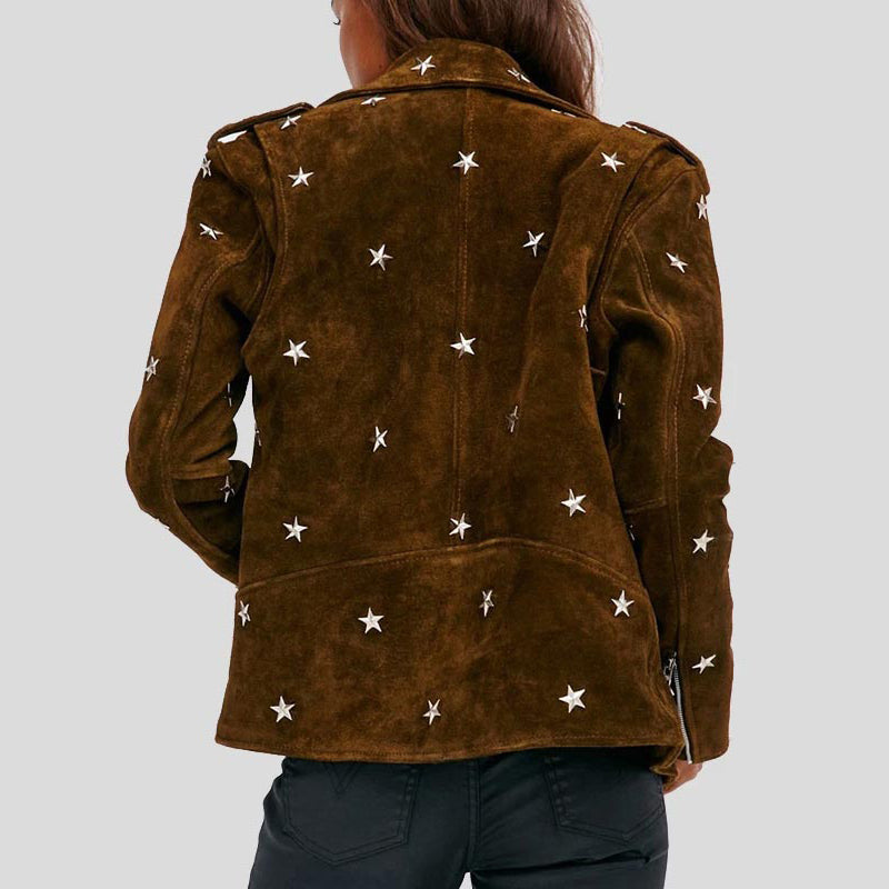 Studded Brown Suede Moto Leather Jacket For Womens