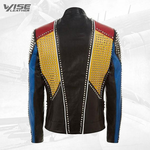 Studded Punk Men Leather Jacket In Multi Color - Wiseleather