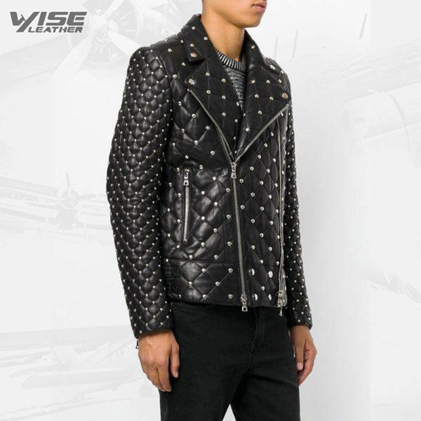 Studded Punk Men Leather Jacket With Front Zip Fastening - Wiseleather
