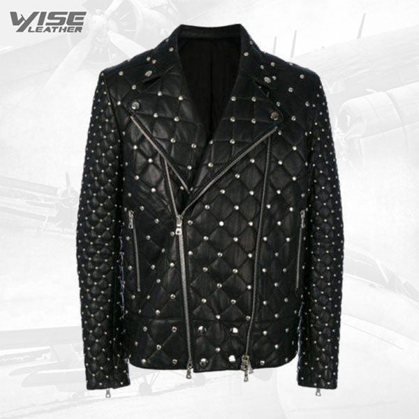 Studded Punk Men Leather Jacket With Front Zip Fastening - Wiseleather