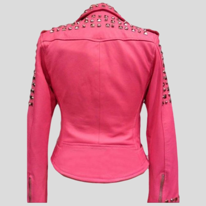 Stylish Golden Studded Pink Belted Leather Jacket For Womens