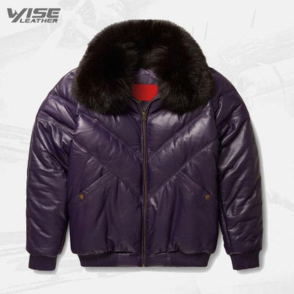 Stylish Look Purple Leather V Bomber Jacket - Wiseleather