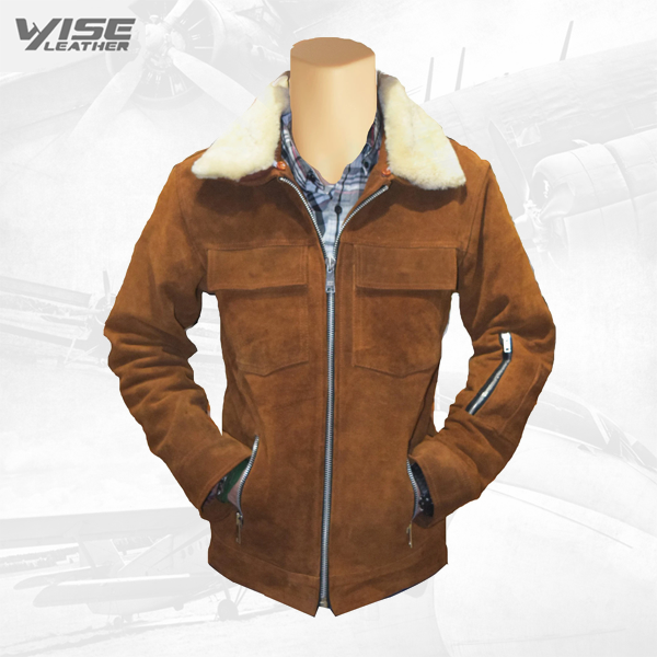 Suede Bomber Leather Jacket With Fur Collar - Wiseleather